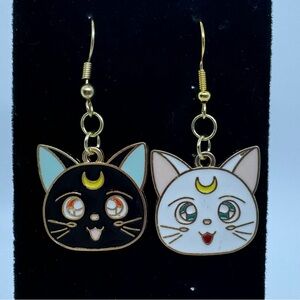 Sailor Moon, Luna and Artemis cat drop dangle earrings